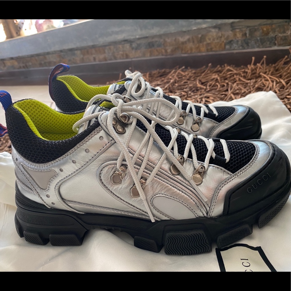 Gucci Flashtreck Metallic Silver Leather and Mesh
